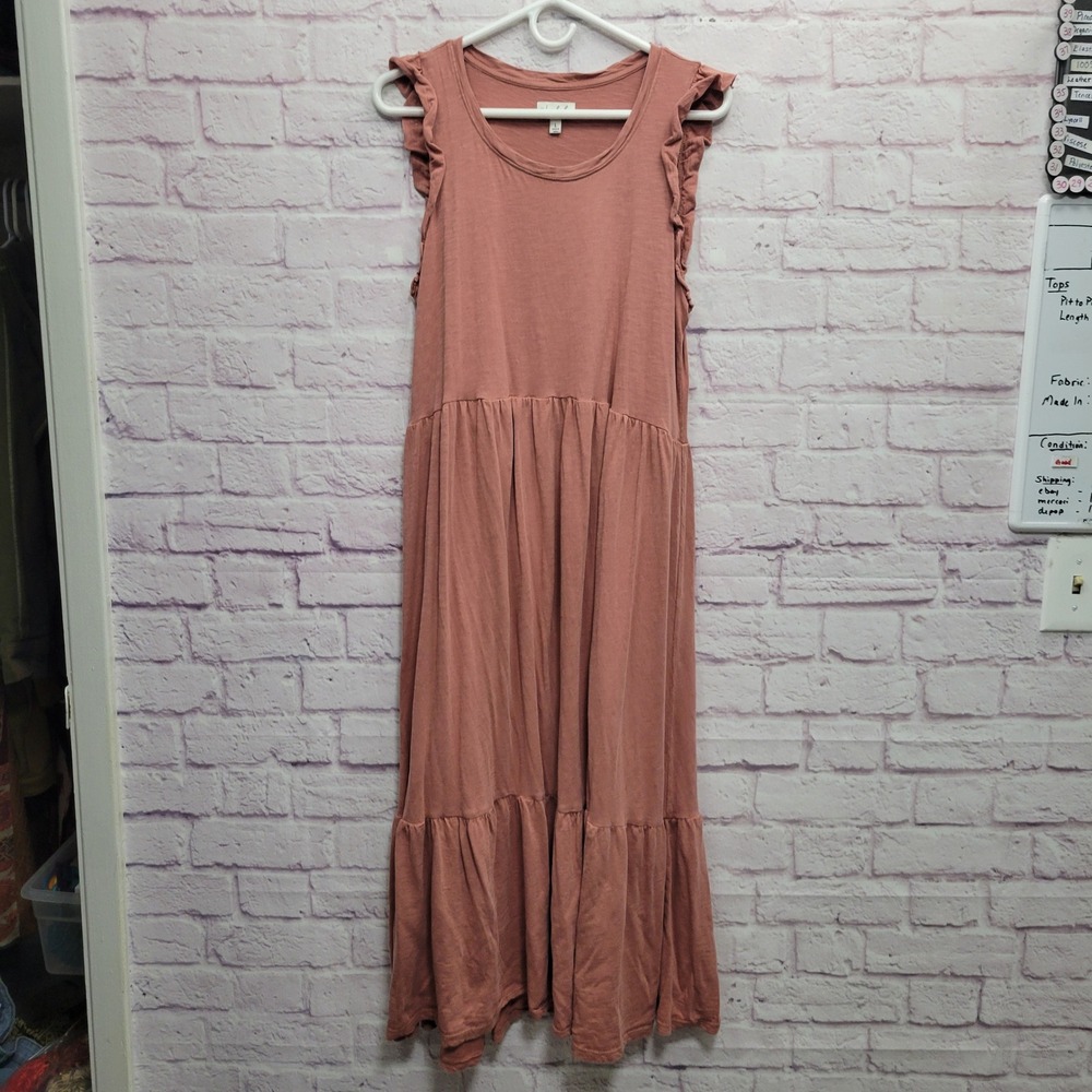 Wonderly Boho Tiered Maxi Dress‎ L Pink Slub Knit Ruffle Sleeve Cottage Prairie